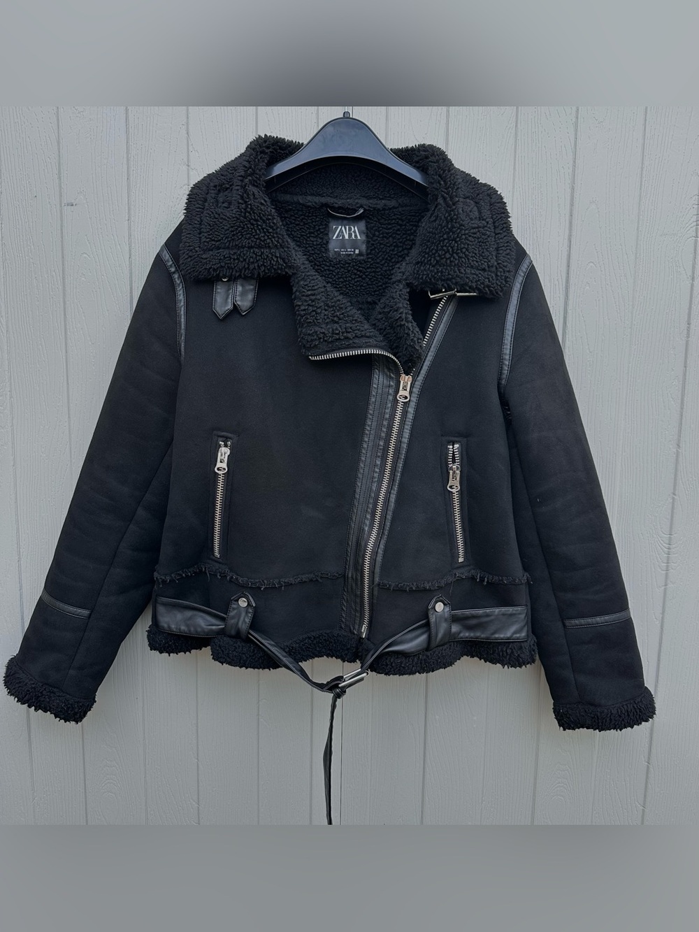 ZARA Black Shearling Aviator Jacket – Size L - Picture 3 of 9